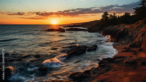 A coastal panorama at dusk  with the sun setting behind the ocean  casting warm hues across the horizon