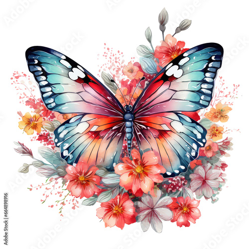 Transparent clipart of beautiful colorful butterfly with flowers