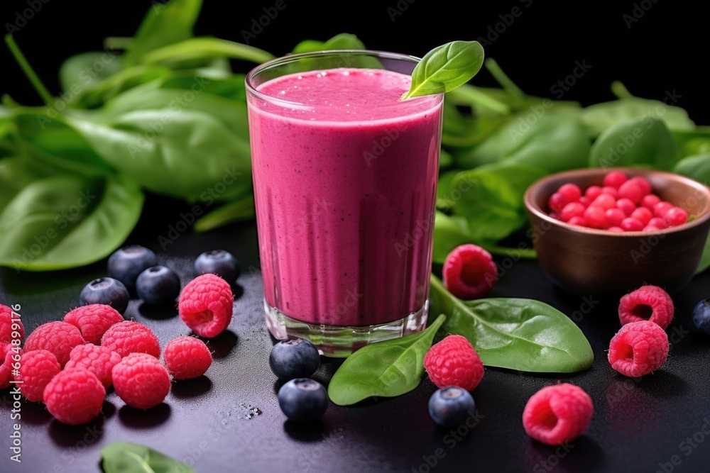 pink smoothie surrounded by spinach leaves and various berries pink smoothie surrounded by spinach leaves and various berries