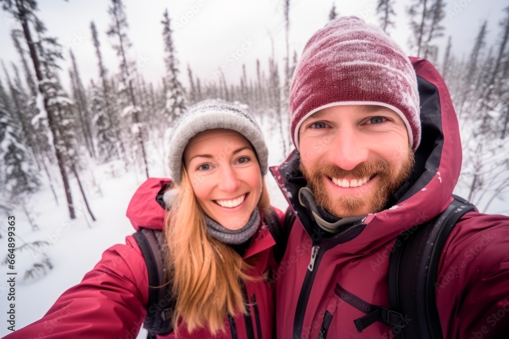 happy young couple taking a selfie on the snowy mountains. Winter concept happy young couple taking a selfie on the snowy mountains. Winter concept