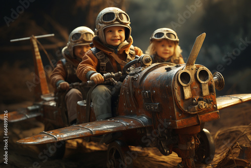 Happy, laughing children flying an airplane, childhood adventure and friendship, pilot playing to take off with a plane