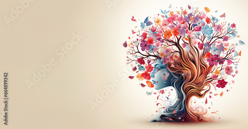 Human mind with flowers and butterflies growing from a tree, positive thinking, creative mind, self care and mental health concept
 photo