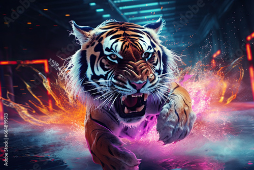 A fierce wild tiger with a futuristic background
