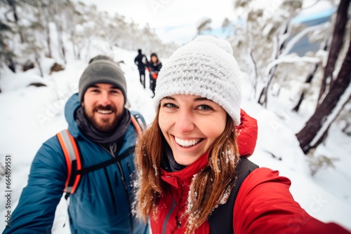 happy young couple taking a selfie on the snowy mountains. Winter concept