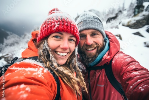 happy young couple taking a selfie on the snowy mountains. Winter concept