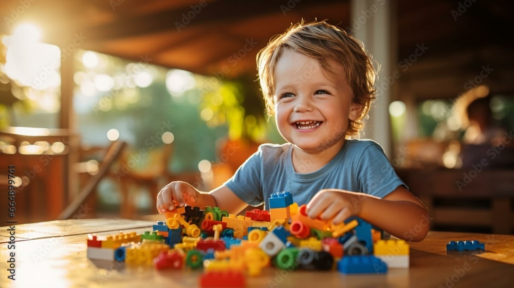 child playing with lego - obrazy, fototapety, plakaty 