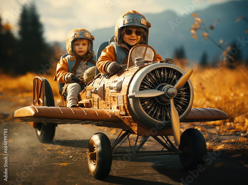 Happy, laughing children driving airplane on the road in nature, childhood adventure and friendship, pilot playing to take off with a plane photo