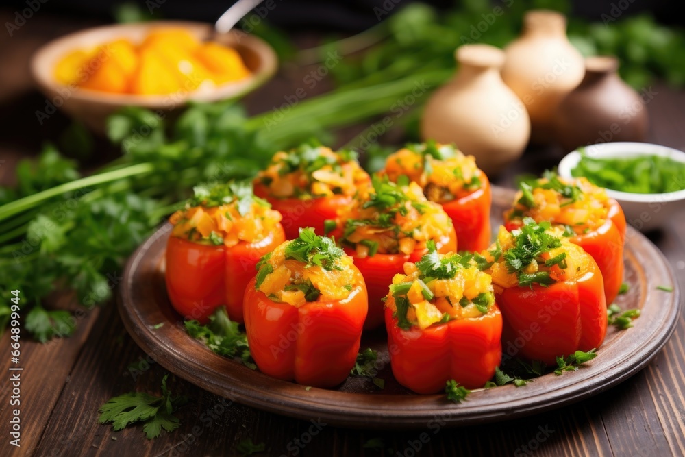 stuffed bell peppers garnished with fresh parsley, on rustic table stuffed bell peppers garnished with fresh parsley, on rustic table