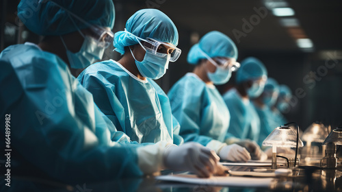 Near a group of surgeons in a hospital operating room The medical team performs surgery in the operating room.