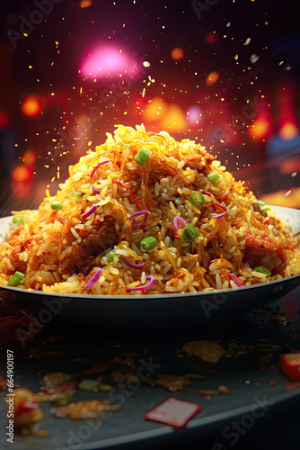 A bowl of fried rice with colourful background