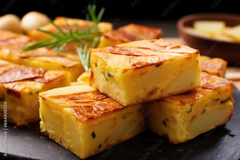 close-up of traditional spanish tortilla cut into squares close-up of traditional spanish tortilla cut into squares