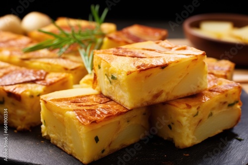 close-up of traditional spanish tortilla cut into squares