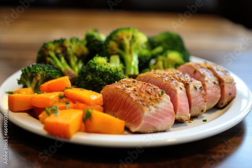 seared tuna steak with a side of seasoned vegetables