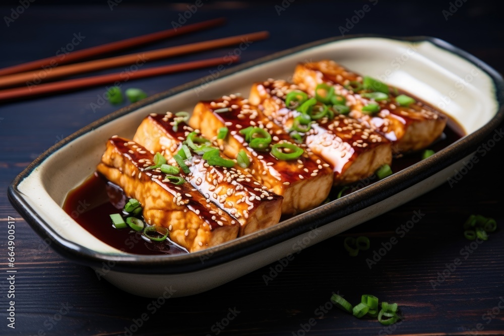 tofu steaks in a ceramic dish covered with teriyaki tofu steaks in a ceramic dish covered with teriyaki