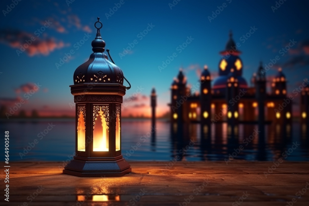 Lanterns with a mosque in the background