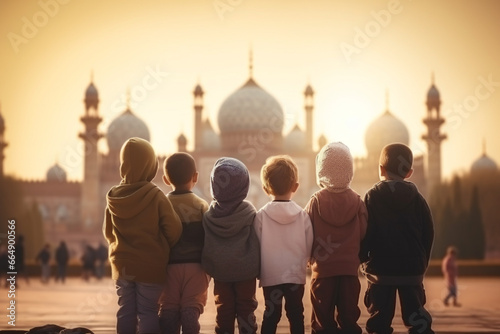 Children gathered in front of the mosque