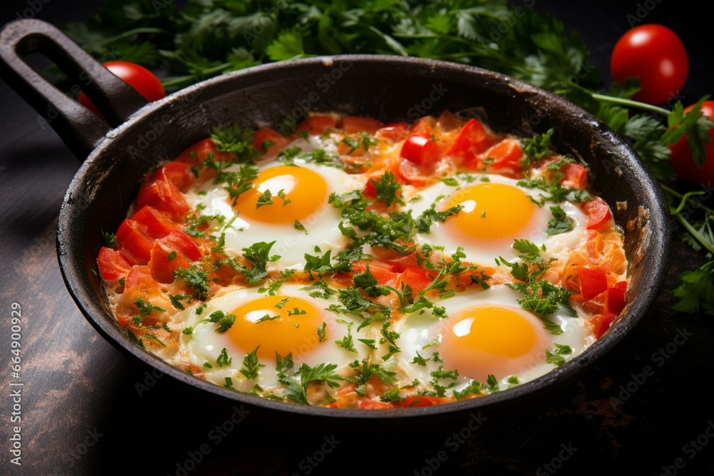 Delicious dish of eggs, tomato, and parsley cooked in a pan. Generative AI