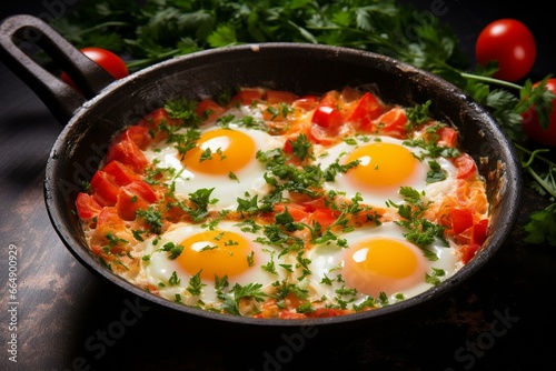 Delicious dish of eggs, tomato, and parsley cooked in a pan. Generative AI