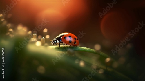 a lady beetle sitting on top of a green leaf and looking down photo