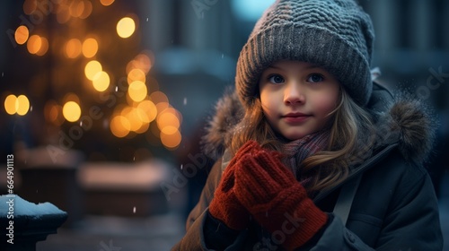 Child in winter gear admiring tree lights