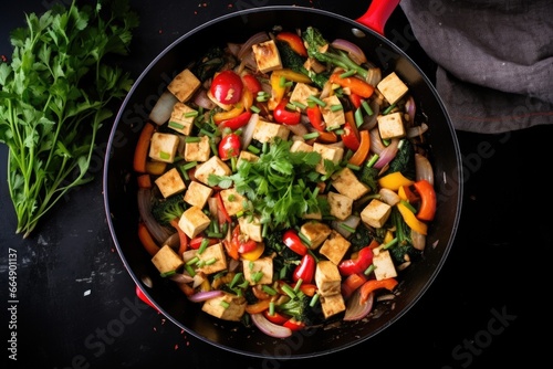 overhead shot of tofu stir-fry in black wok