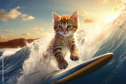 Cat surfing on a surfing board at sea 