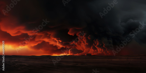 Desert sand dunes on huge fire. Dark smoke above. Dramatic disaster landscape. Generative AI