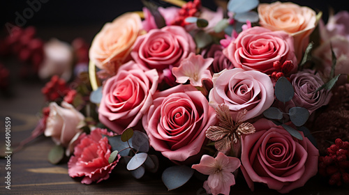 A close-up of a heart-shaped bouquet featuring red and pink roses  symbolizing love and affection