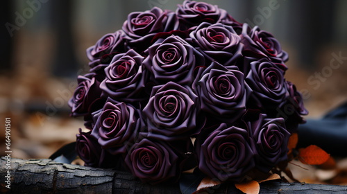 A dramatic bouquet of black Baccara roses, known for their deep, almost black, velvety petals photo