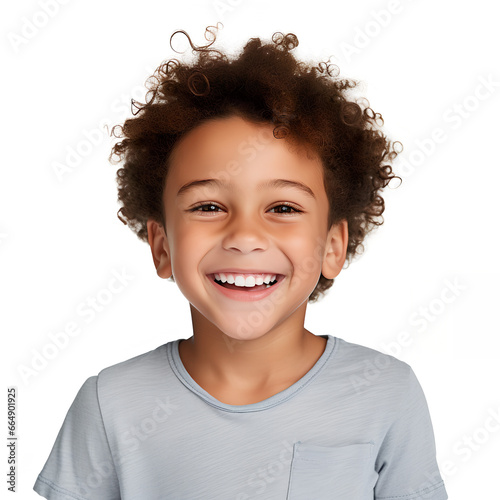 Smiling kid with gray t-shirt isolated in white background.