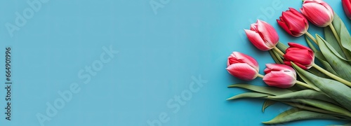 Bouquet of red tulip on blue Background. Top view with copy space. © Md