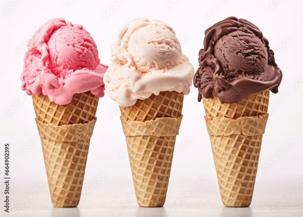 Chocolate, vanilla and strawberry Ice cream in the cone on white background. Chocolate, vanilla and strawberry Ice cream in the cone on white background.
