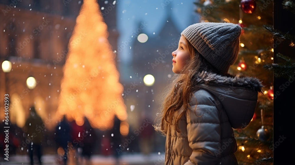 Enchanted girl beholding city Christmas tree Enchanted girl beholding city Christmas tree