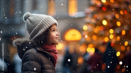 Young girl enchanted by outdoor Christmas tree