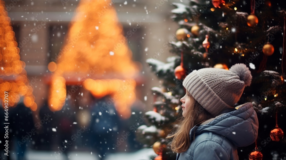 Young girl enchanted by festive Christmas lights Young girl enchanted by festive Christmas lights