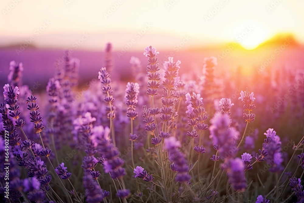 Naklejka premium Close up lavender flowers in beautiful field at sunset.