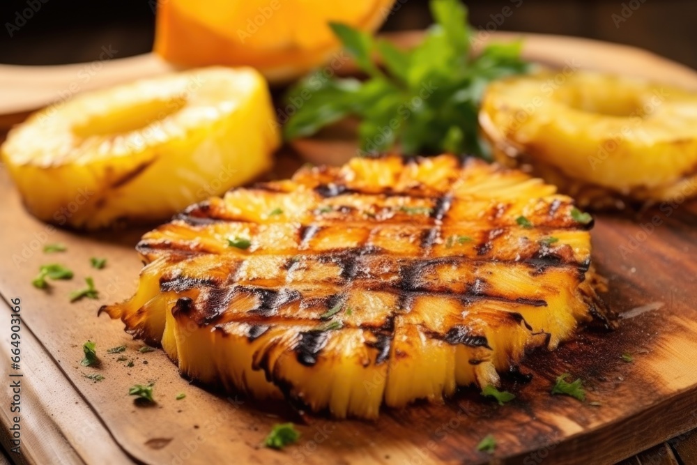 grilled pineapple, a churrasco dessert, on a wooden board grilled pineapple, a churrasco dessert, on a wooden board