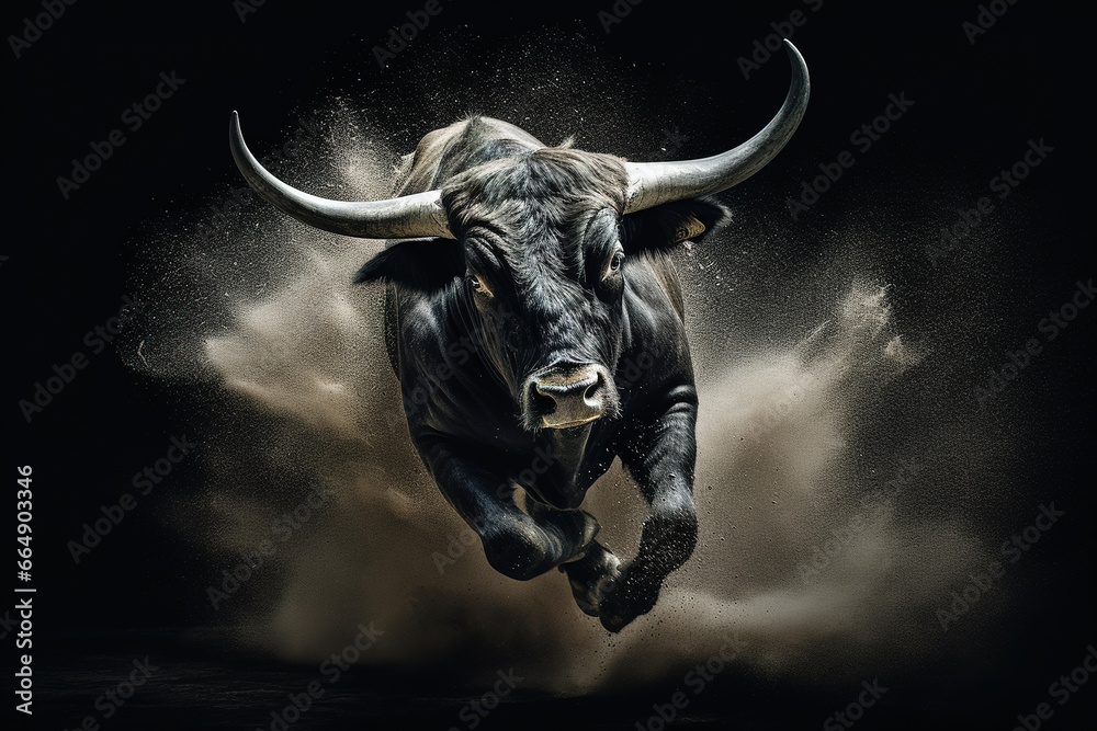 Naklejka premium Majestic black bull running in the clouds of dust, stunning illustration, dark background