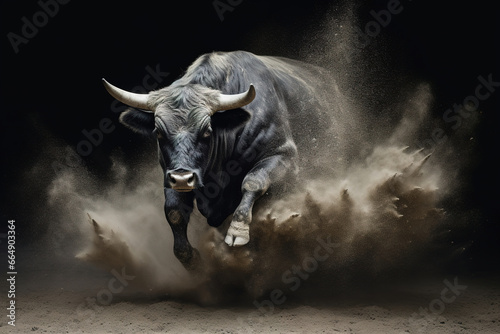 Majestic black bull running in the clouds of dust, stunning illustration, dark background