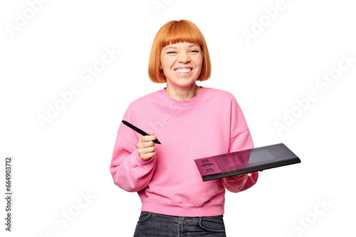 A smiling female designer in a pink sweet shot holding a graphic tablet. photo