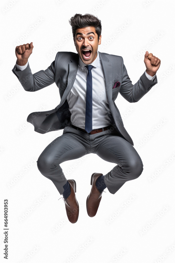 Young businessman in suit , jumping in air on white background. Young businessman in suit , jumping in air on white background.
