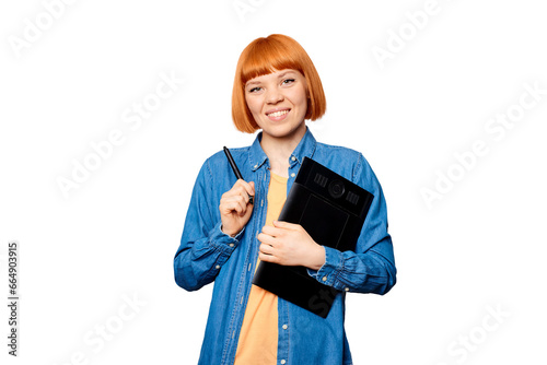 Smiling female designer holding a graphic tablet.