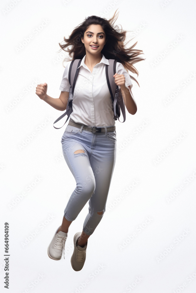Young college girl running or rushing forward on white background. Young college girl running or rushing forward on white background.