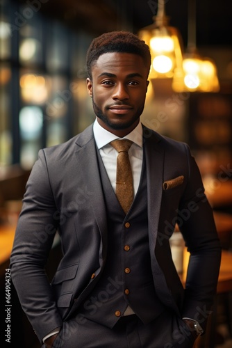 Athletic African American businessman on the street in a classic suit, with a good body. © Hryhor Denys