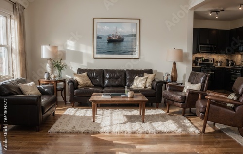  luxury livingroom interior design mockup with black leather furniture and picture frame in a wall.