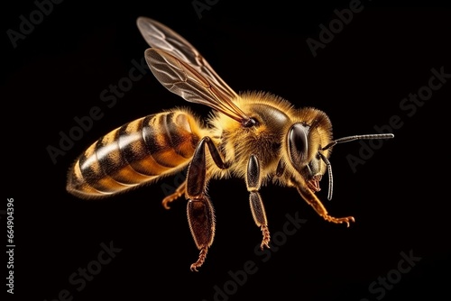 Honeybee in flight against a dark backdrop