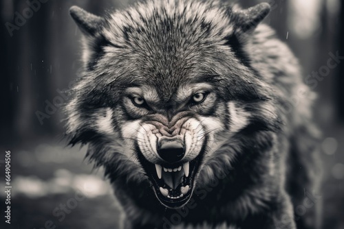 Greyscale closeup shot of an angry wolf with a blurred background.