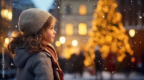 Young girl in winter hat enjoying the view of a glistening Christmas tree