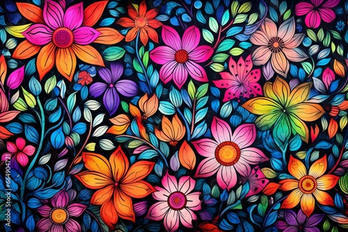 Colorful floral pattern featuring abstract flowers drawn with wax crayons. Generative AI