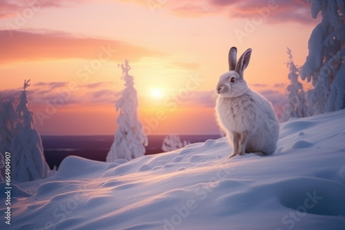 White hare on snow in winter forest at sunset. Beautiful landscape with snow capped fir trees.